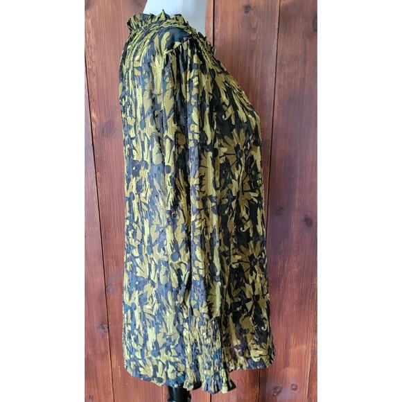 Maison d’Amelie Women L Black Chartreuse Chiffon Swiss Dot Ruffle Mock Neck Top - Picture 7 of 10